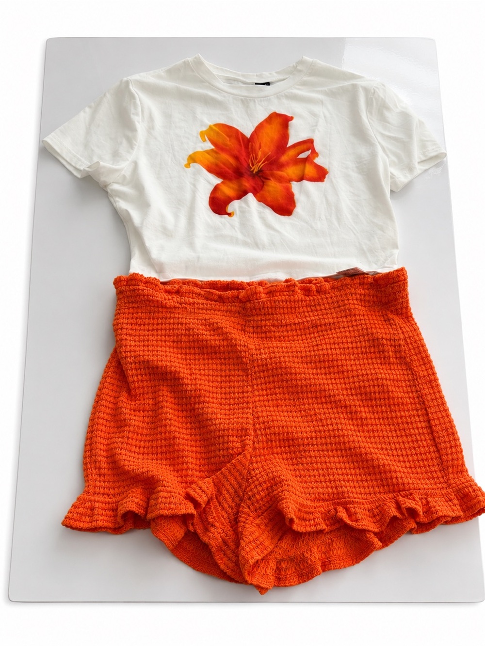 SHEIN White Tee with Orange Floral Print